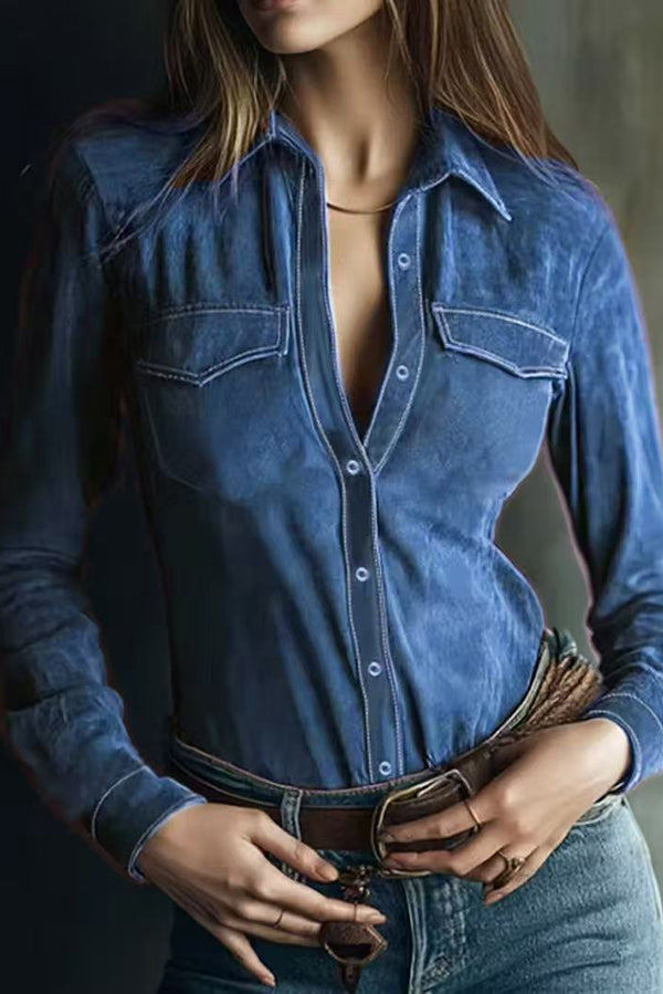 Stylish Suede Long-sleeved Button-down Casual Shirt