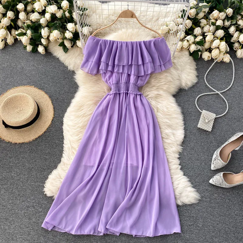Women Chiffon Beach Dress Sexy Double Layer Ruffled Off The Shoulder Boho Dresses Ladies Sweet Slash Neck Long Dress 14 Women Chiffon Beach Dress Sexy Double Layer Ruffled Off The Shoulder Boho Dresses Ladies Sweet Slash Neck Long Dress