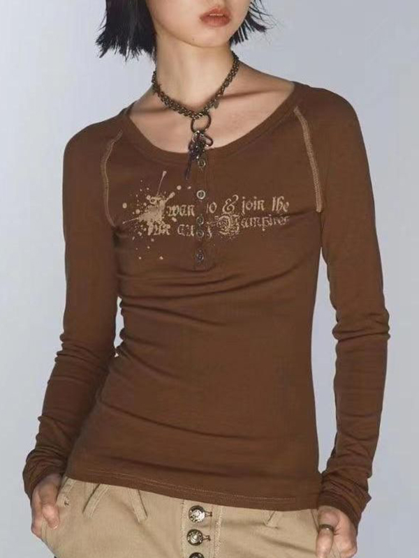 Vintage Print V Neck Breasted Long Sleeve Tee