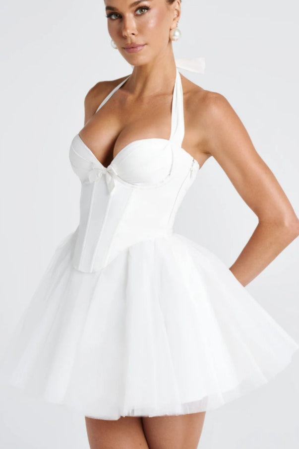 Boned Halter Lace Tie Waist Tulle Overlay Mini Dress