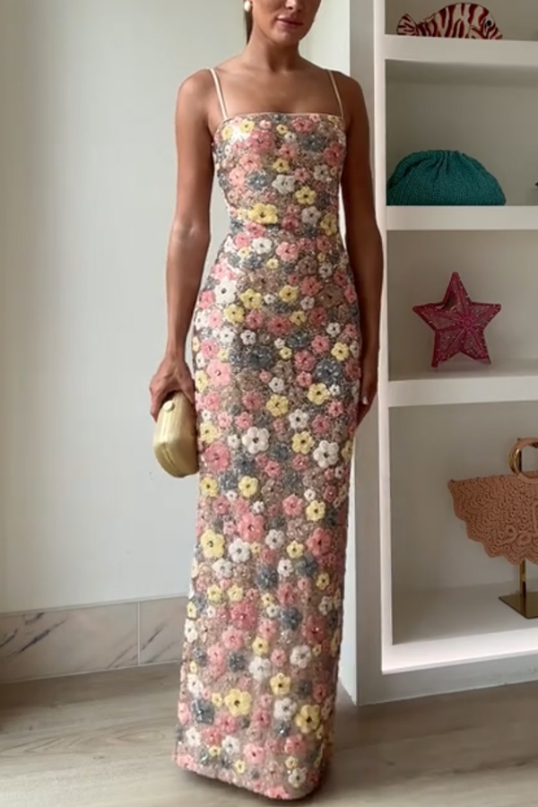 80's Inspired Floral Print Sequin Square Neck Slip Stretch Maxi Dress