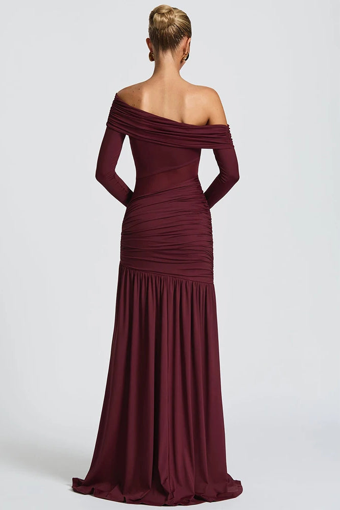 Off Shoulder Long Sleeve Mesh Panel Ruched High Split Maxi Dress