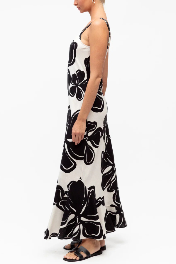 Color-blocked Floral Print Sleeveless Slim-fit Elegant Ruffled Hem Maxi Dress