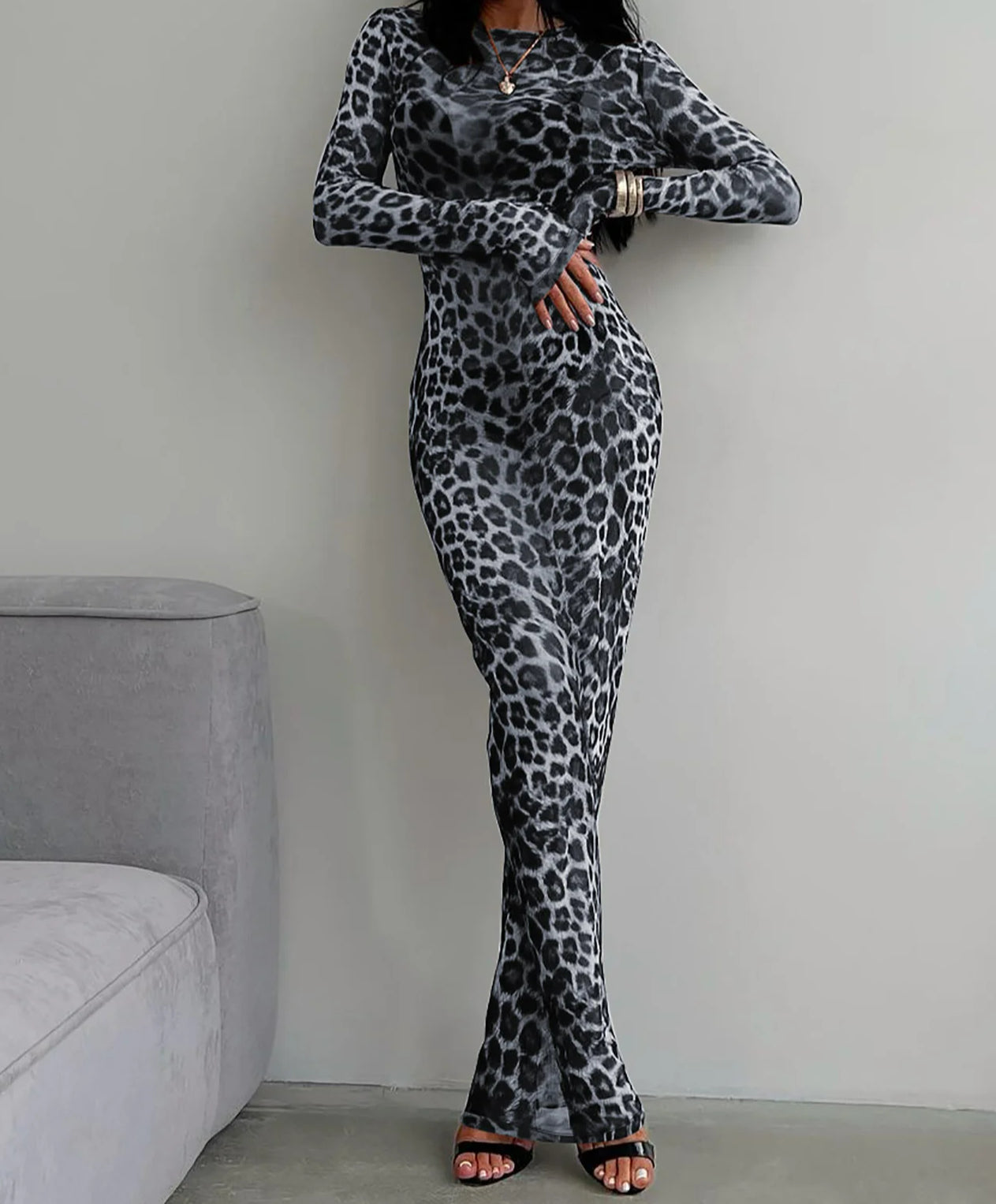 Print Mock Neck Long Sleeve Bodycon Maxi Dress