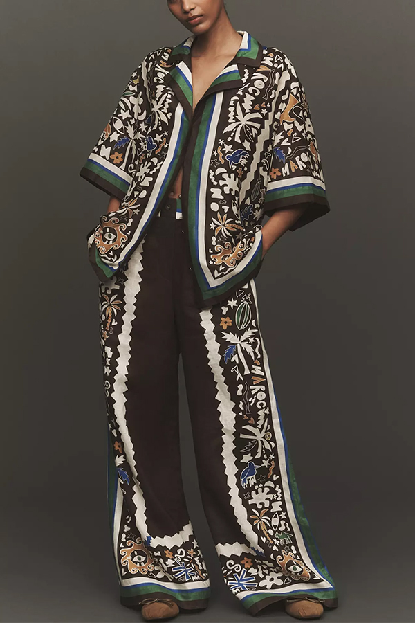 Antibes Satin Court Unique Printed Long Sleeve Loose Shirt and Elastic Waist Pants Set