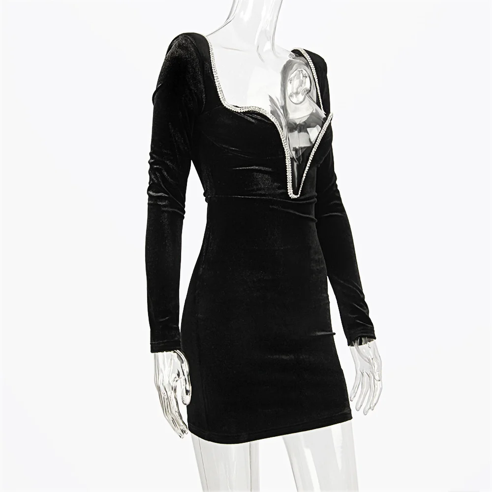 Ootddress Sexy Deep V Wrapped Hip Velvet Backless Women's Dress Long Sleeve High Waist Temperament Mini Dress Party Club Clothing