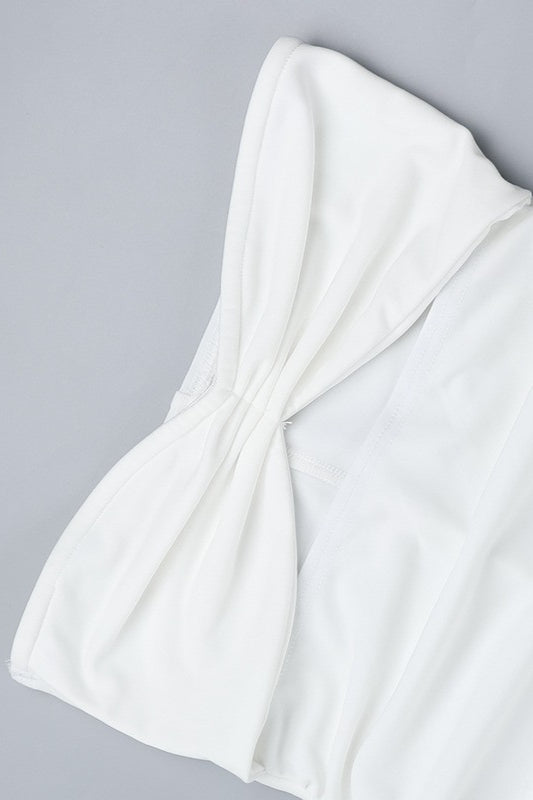 Strapless Sweetheart Neck Twist Cutout Ruched Drop Waist Maxi Dress