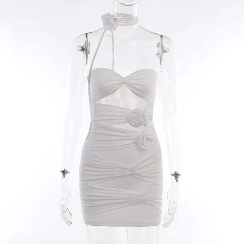 Ootddress Lace Up Flower Sexy Dress For Women Njght Hollow Out Summer Mini Dresses Woman Slim Party Backless Dress Women's Clothing