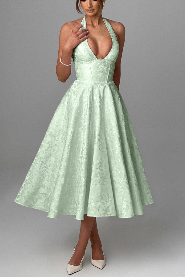 Stylish Jacquard Halter Neck Fitted Waist Open Back Elegant Midi Dress