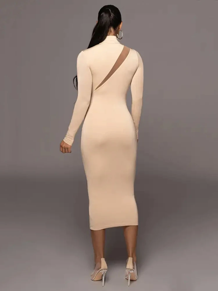 Ootddress Autumn/Winter Long Sleeve Mesh Patchwork Dress Women's Perspective Bodycon Midi Dress Female Elegant Party Evening Dress