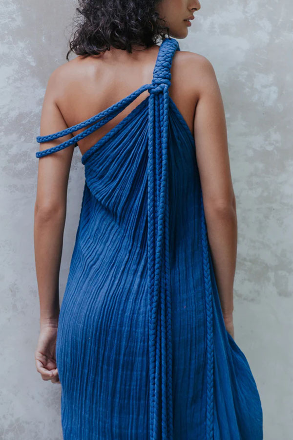 Khloe Linen Blend One Shoulder Draped Braids Cover Up Maxi Dress