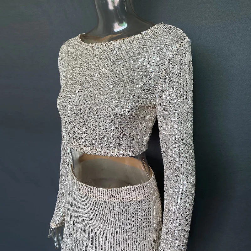 Ootddress Sequins Loose Dress Sets Women Long Sleeve Crop Tops High Waist Sexy Maxi Skirts Ladies Two Piece Suits Womens Outifits