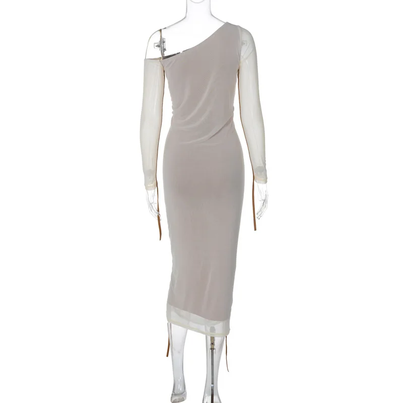 Ootddress White Mesh Off-Shoulder Maxi Dress Female Long Sleeve Patchwork Fashion Contrast Summer Backless Ladies Party Long Dress