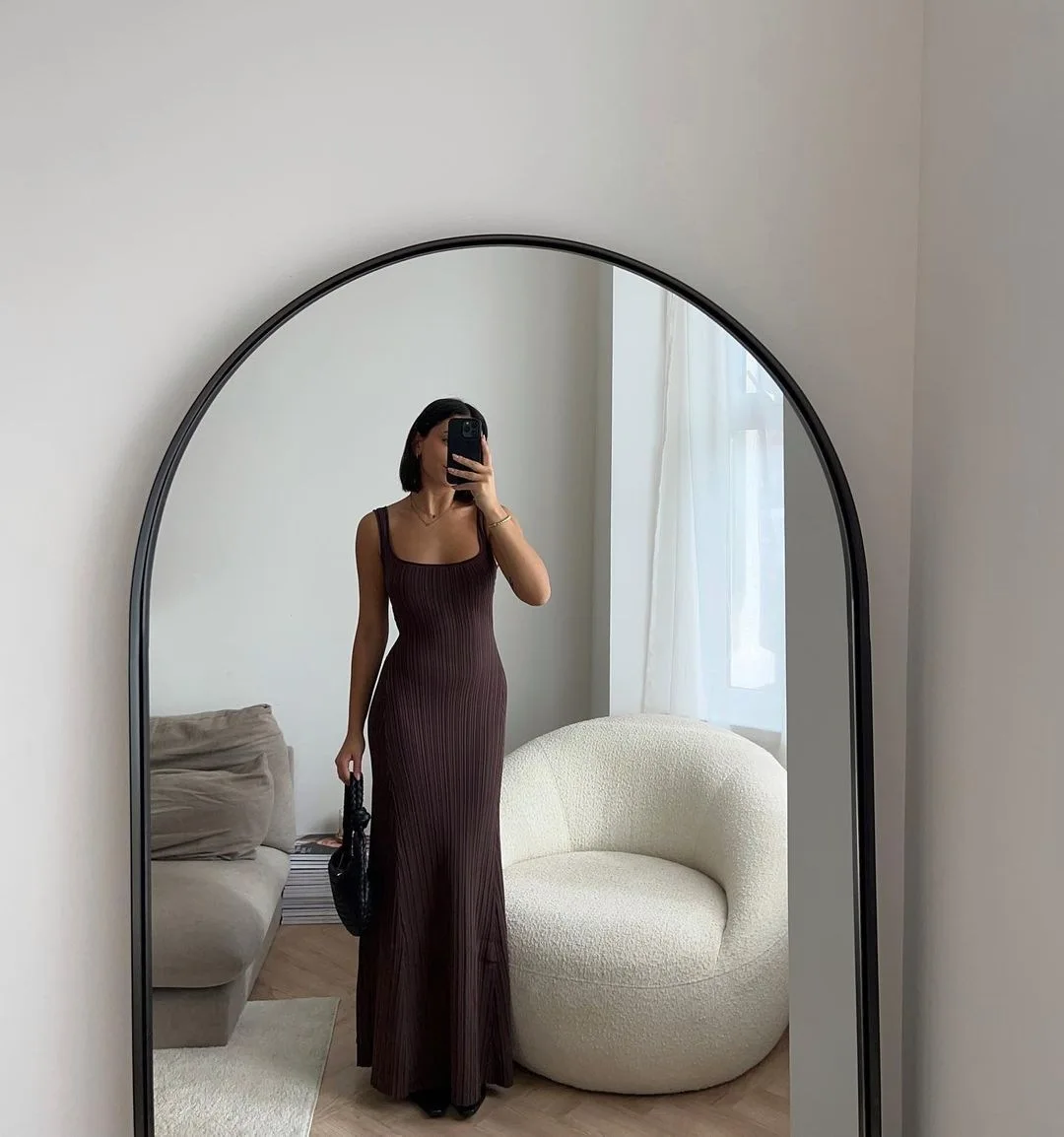 Ootddress Knit Ribbed Slim Maxi Dress Female Backless Scoop Neck Fashion Elegant Party Looks Long Dress Patchwork Knitwear Dress