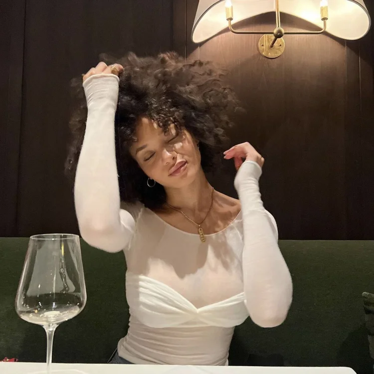 Ootddress Off Shoulder Knit Sheer Tops For Women Summer White Lace Twist T-Shirt Femme Long Sleeve Mesh Tops See-Through Knitted