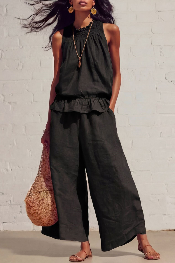 Linen Blend Round Neck Sleeveless Ruffled Top and Elastic Waist Casual Pocket Wide-leg Pants Set