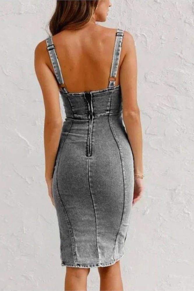 Denim Corset Scoop Neck Zip-Front Thigh Slit Bodycon Midi Dress