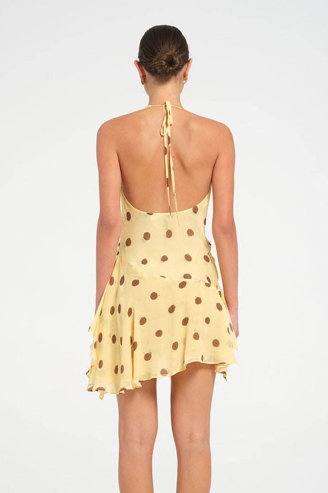 Polka Dot Chiffon Halter Cowl Neck Ruffled Hem Backless Mini Dress