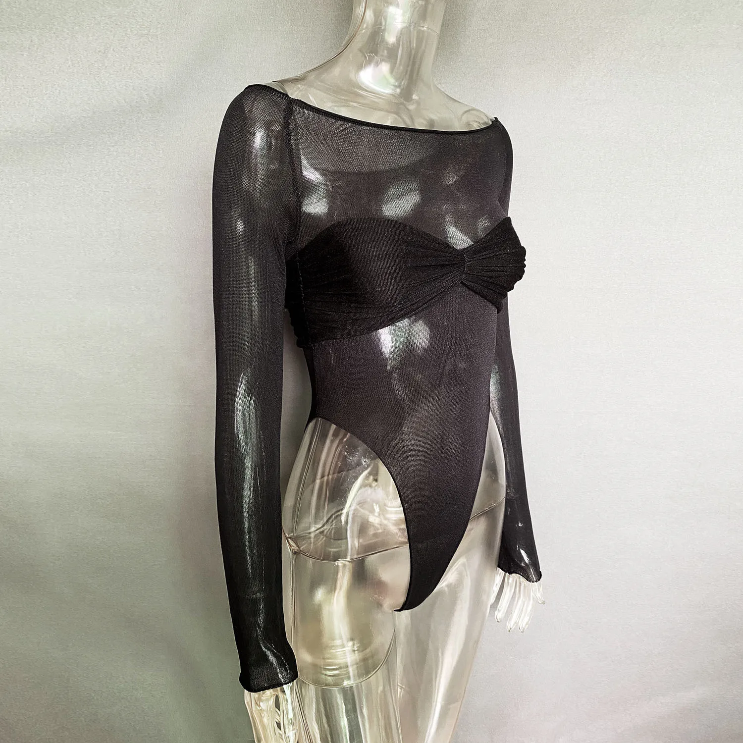 Ootddress Off Shoulder Knit Sheer Tops For Women Summer White Lace Twist T-Shirt Femme Long Sleeve Mesh Tops See-Through Knitted