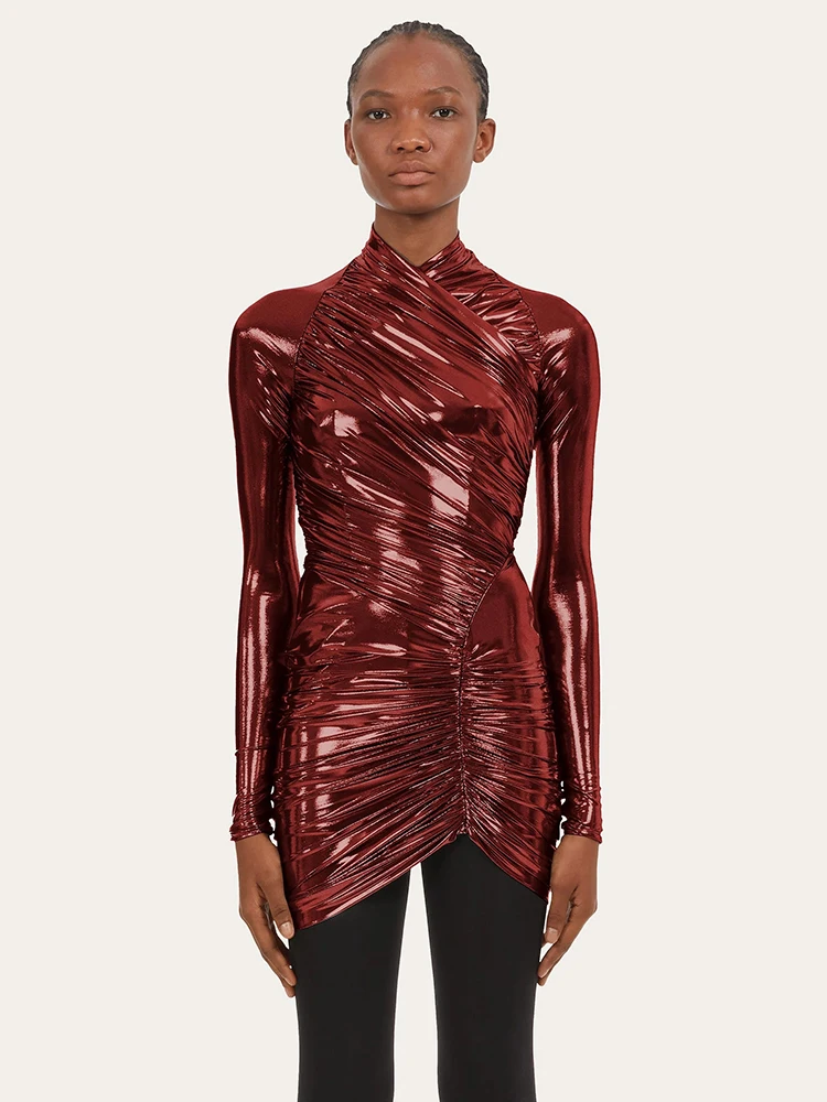 Ootddress Autumn Leather Long Sleeve Pleated Dress For Women Zipper Tight Irregular Female Dress Party Club Sheath Vestidos