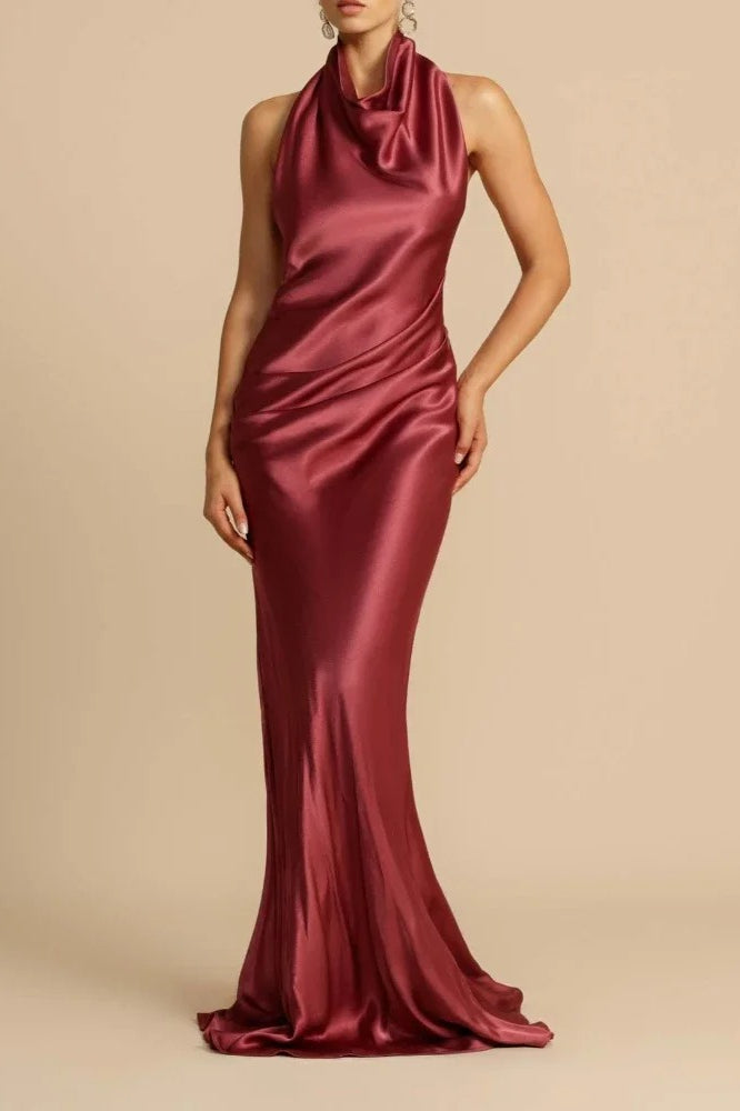 Satin Halter Neck Cowl Draped Bias Cut Trumpet Maxi Gown