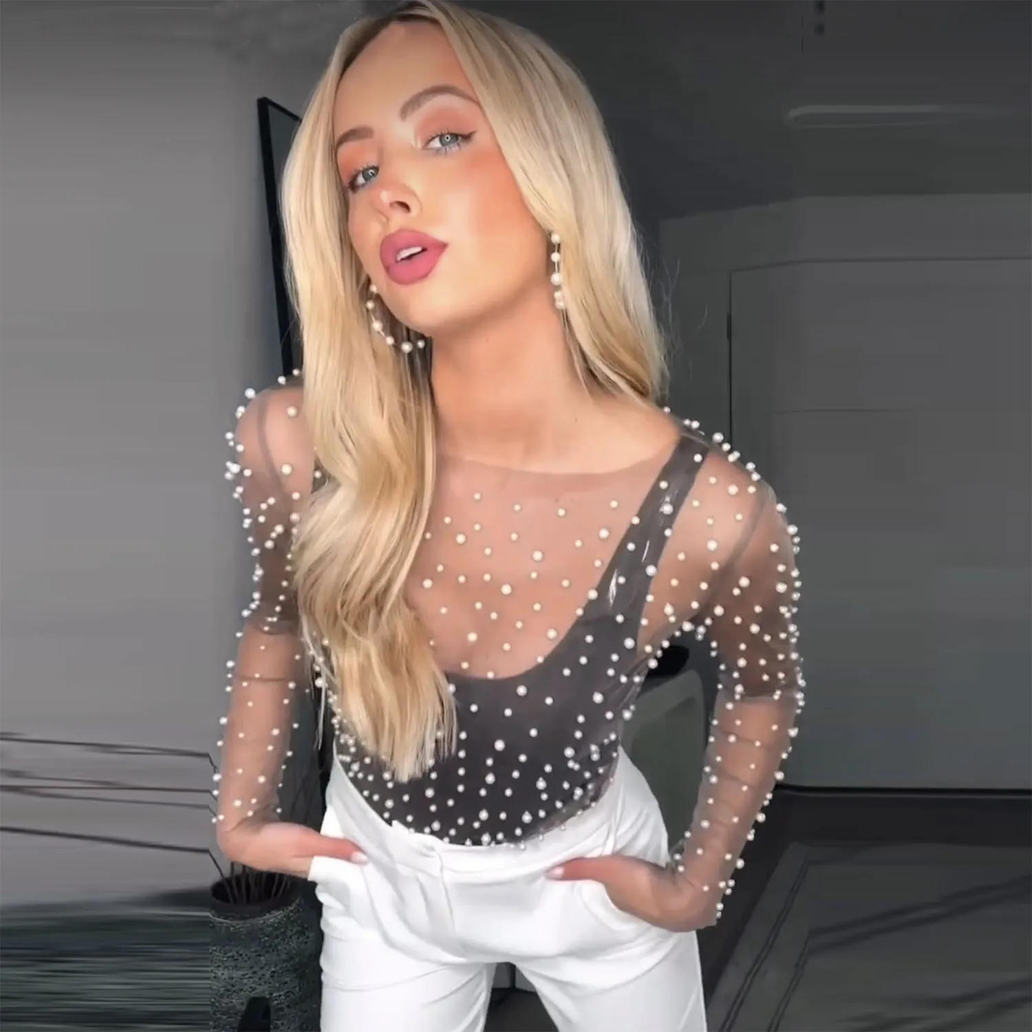 Ootddress Summer Long Sleeve Beach Top Mesh For Women Sheer Lace See-Through Crop top Pearls Cover up Slim Nude sexy Party Outfits