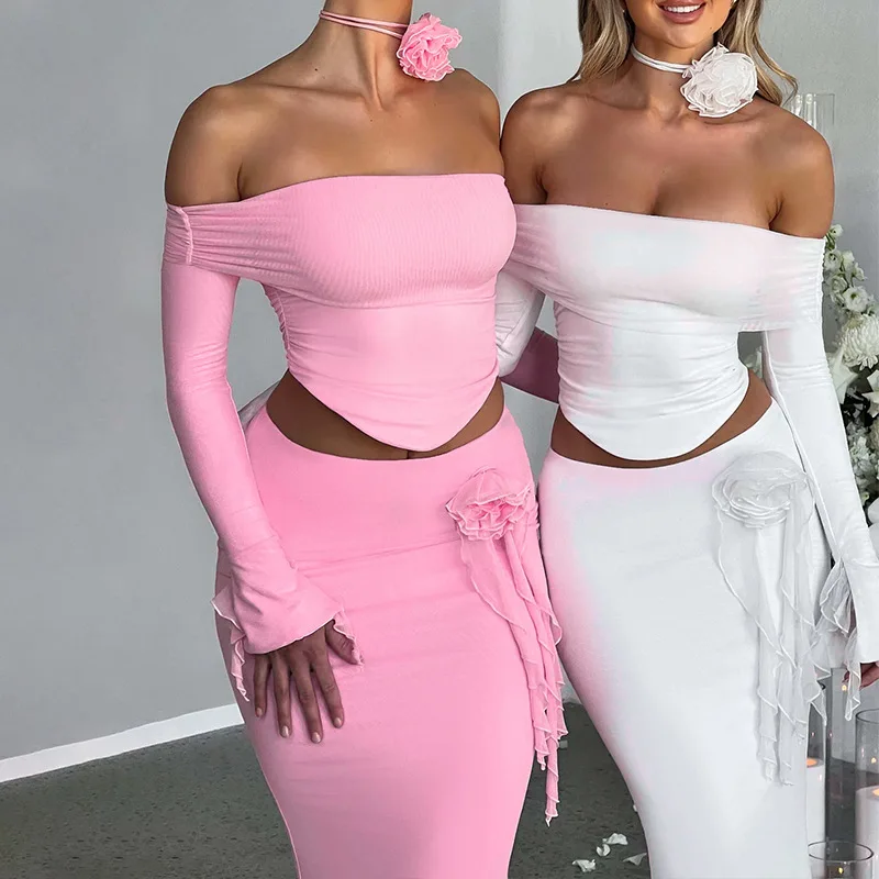 Ootddress Winter New Sexy Long Sleeved Half Skirt Set For Woman 3D Flower Slim Tight Long Skirt Party Evening Dress Two Piece Set 21 Ootddress Winter New Sexy Long Sleeved Half Skirt Set For Woman 3D Flower Slim Tight Long Skirt Party Evening Dress Two Piece Set
