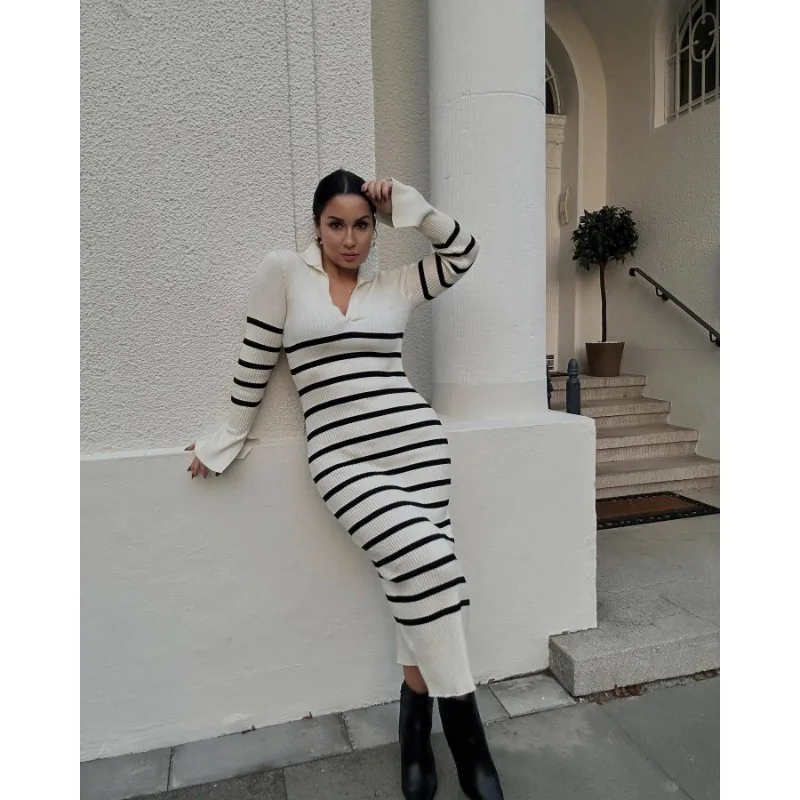 Ootddress Striped V-Neck Knit Maxi Dress For Women Ribbed Patchwork Slim Long Sleeve Elegant Party Dress Loose Knitwear Long Dress