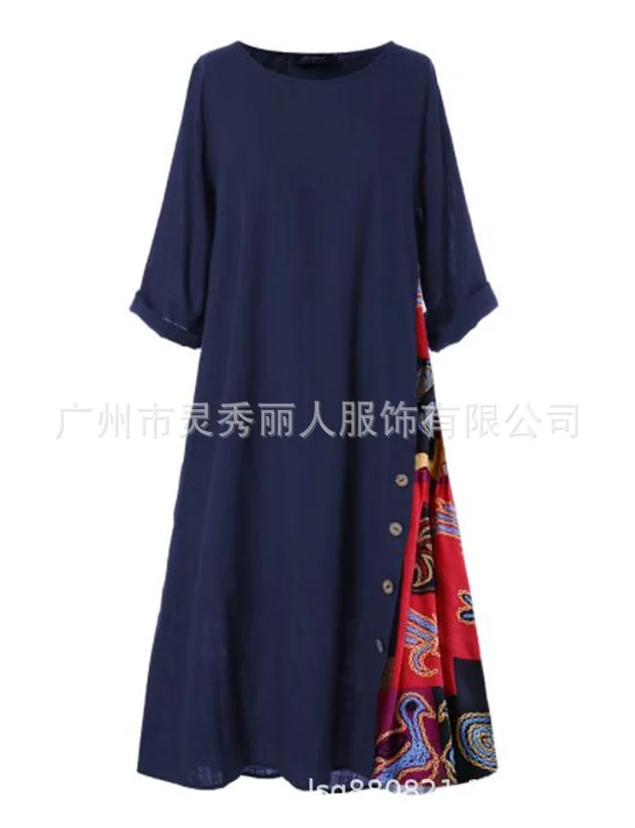 Cotton Linen Vintage Long Dresses Women Three Quarter Sleeves Splicing Print Loose A-line Dress Fashion Casual Lady Maxi Vestido 23 undefined