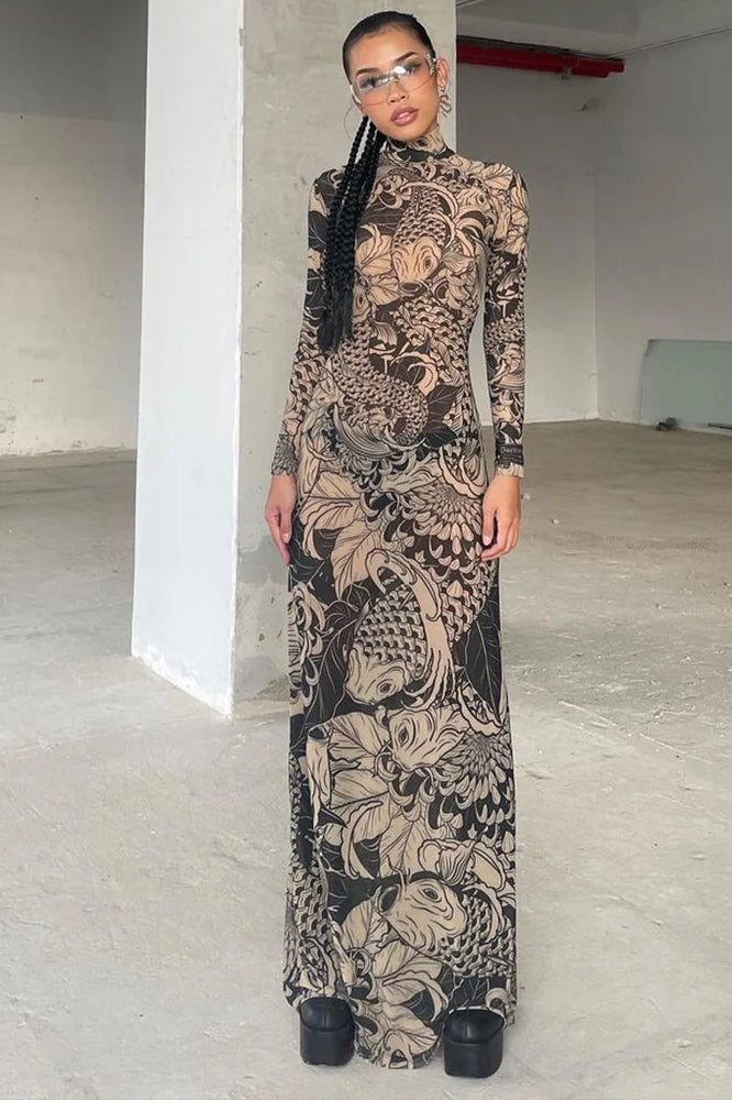 Mock Neck Long Sleeve Koi Fish Tattoo Print Mesh Bodycon Maxi Dress