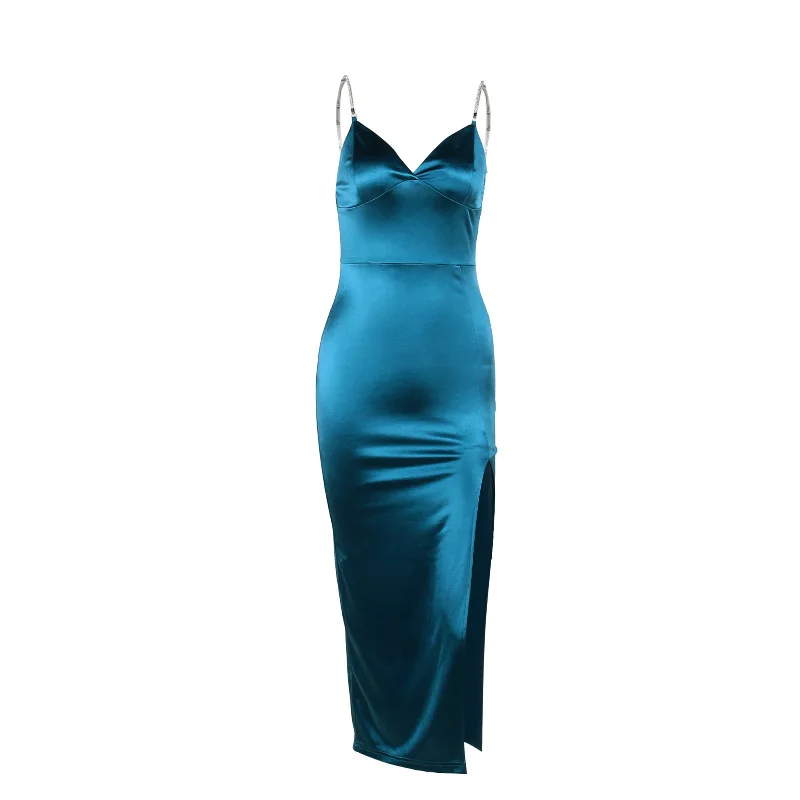 Ootddress Sexy Spaghetti Strap New Bag Buttocks Long Dress Sexy Suspender Slit Dress Diamond Shoulder Strap Party Nightclub Dress