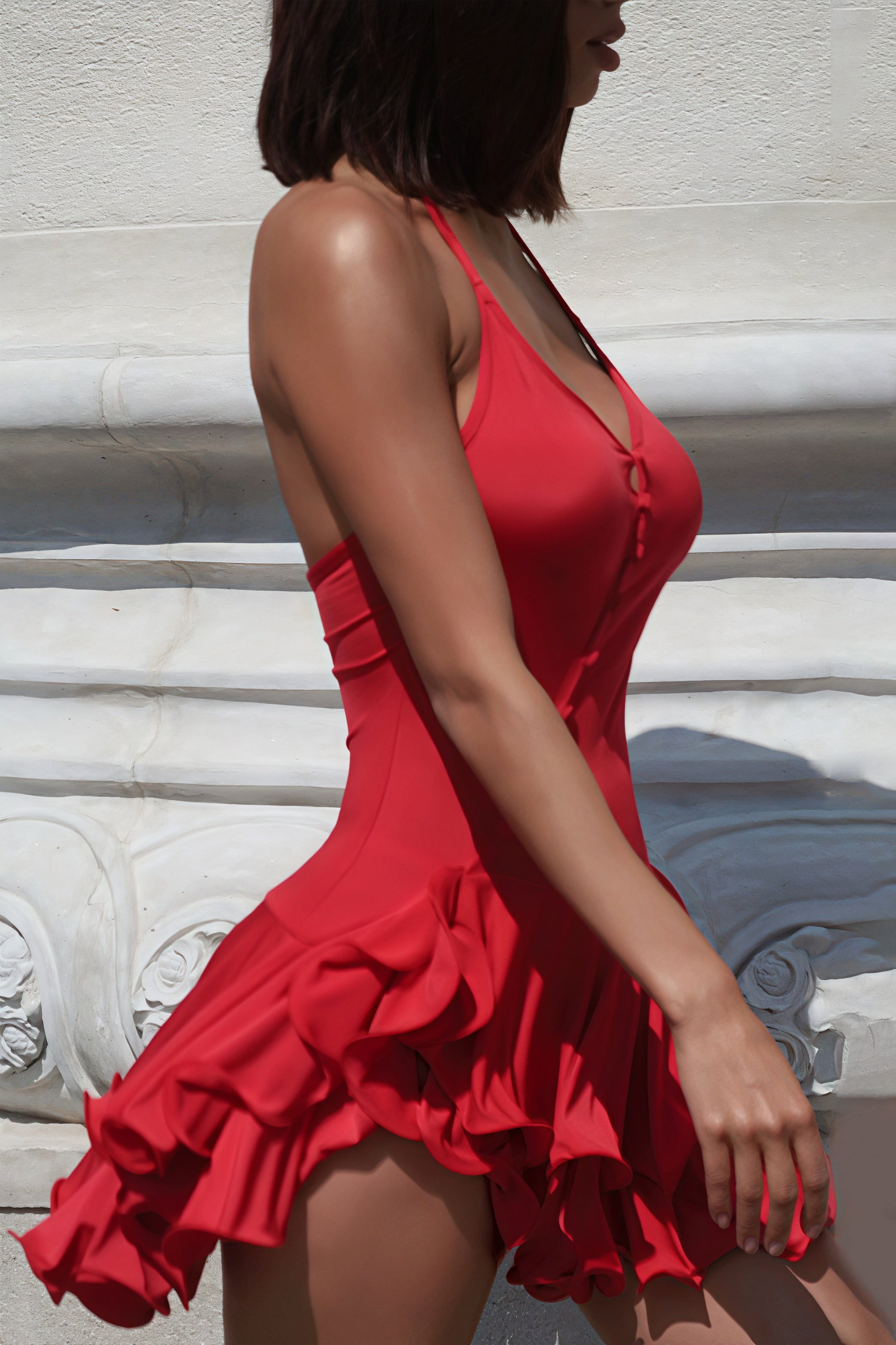 Halter Neck Diagonal Button Front Tiered Ruffle Hem Mini Dress
