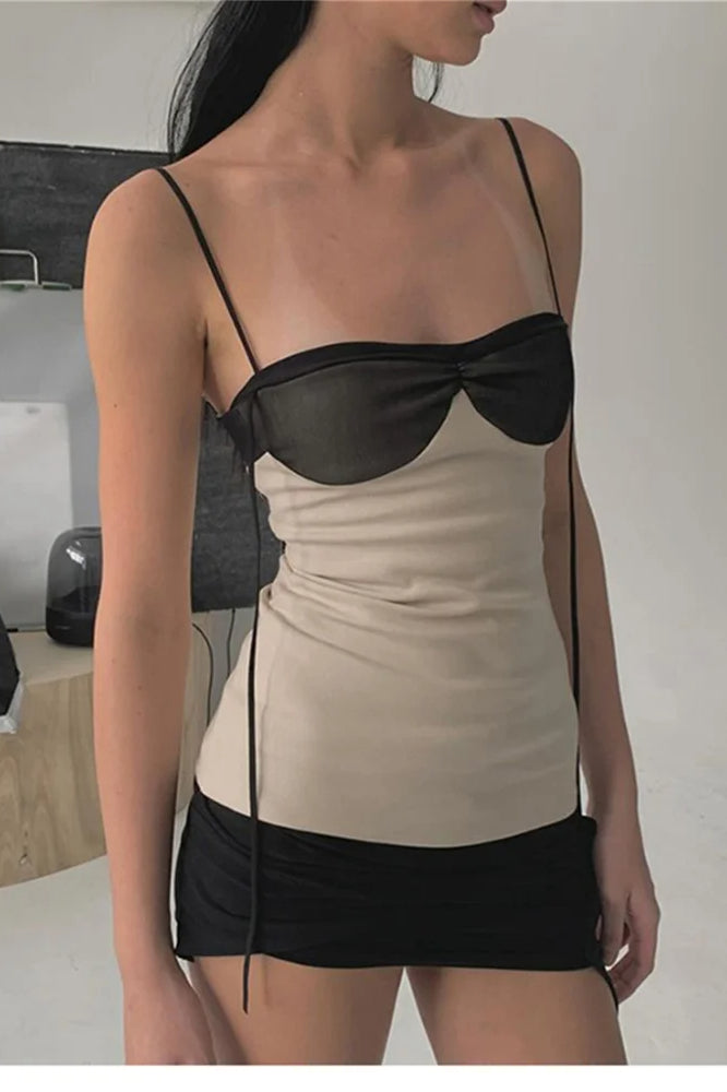 Mesh Illusion Overlay Spaghetti Strap Asymmetric Hem Mini Dress