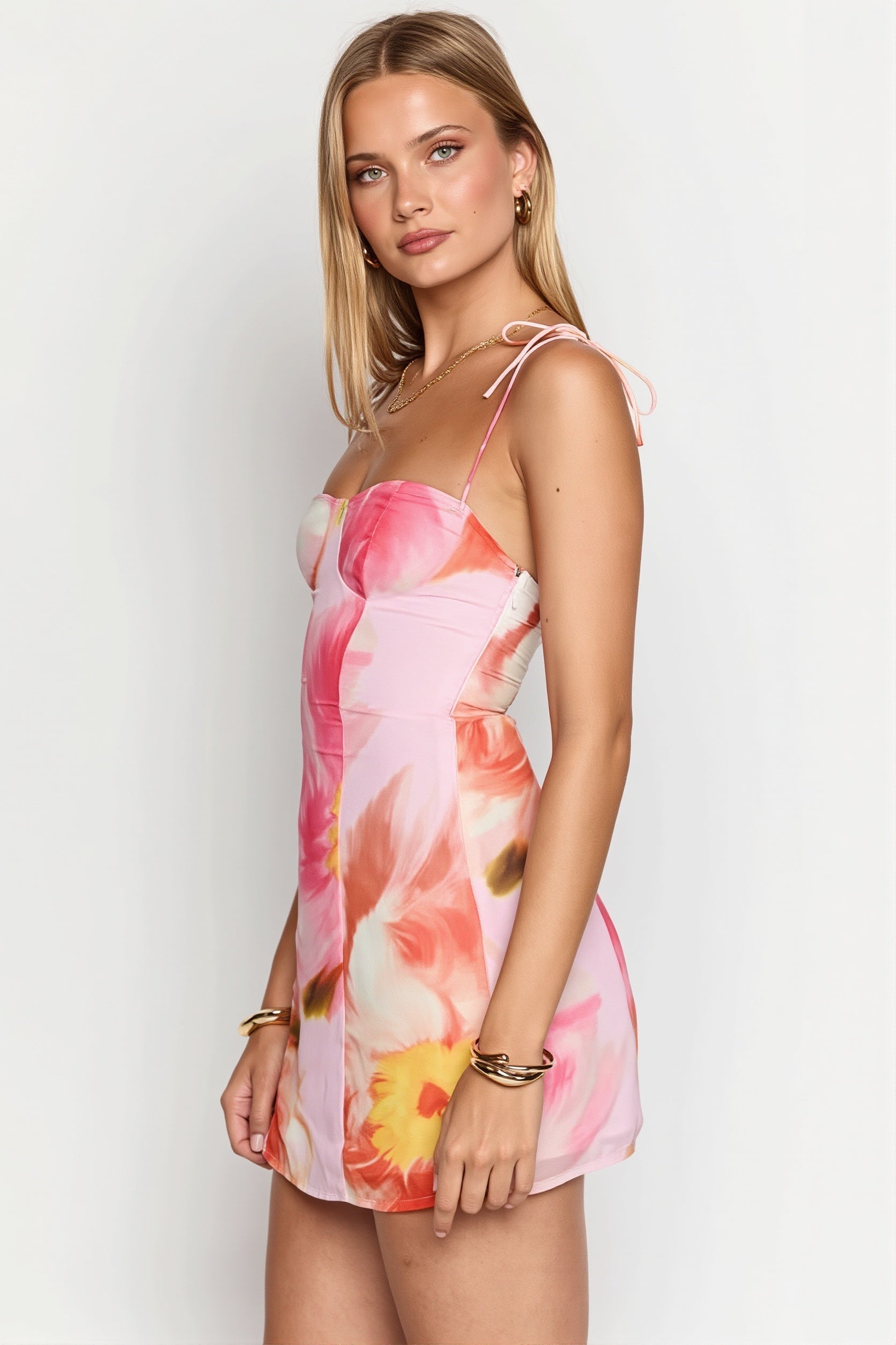 Watercolor Floral Print Sweetheart Tie Strap Panel Seam Bodycon Mini Dress