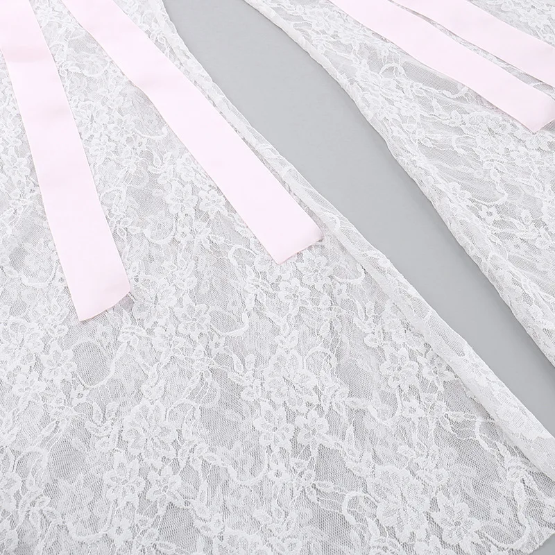 Ootddress Bow Splice Lace Pants Women Sheer Slim High Waist Bottoms Hot Girls 2025 Beach Party Sexy Club See Through Pant Ladies