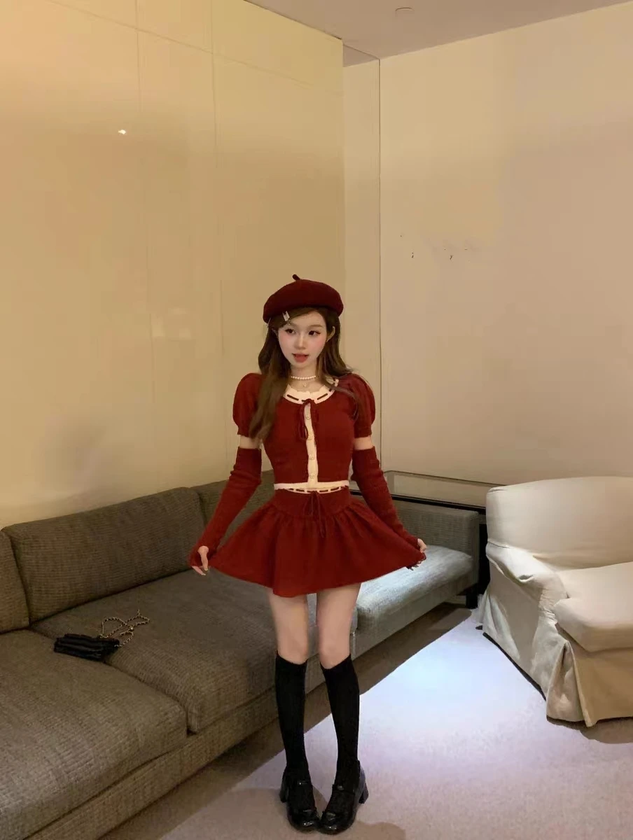 Y2K Two-Piece Knitwear Suit Women Single Breasted Long Sleeve Cropped Top High Waist Mini Skirt Korean Fashion Knitted Outfits