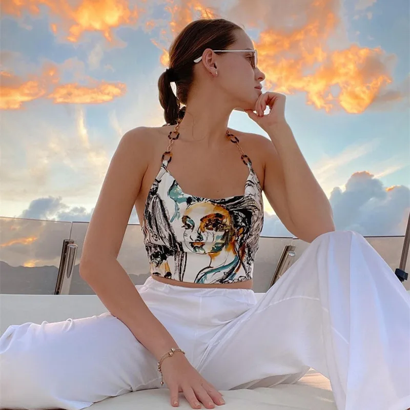 Ootddress Printed Summer Halter Neck Tops For Women Mini Tank Top Beach Party Camis Abstract Oil Painting Design Backless Top 2025
