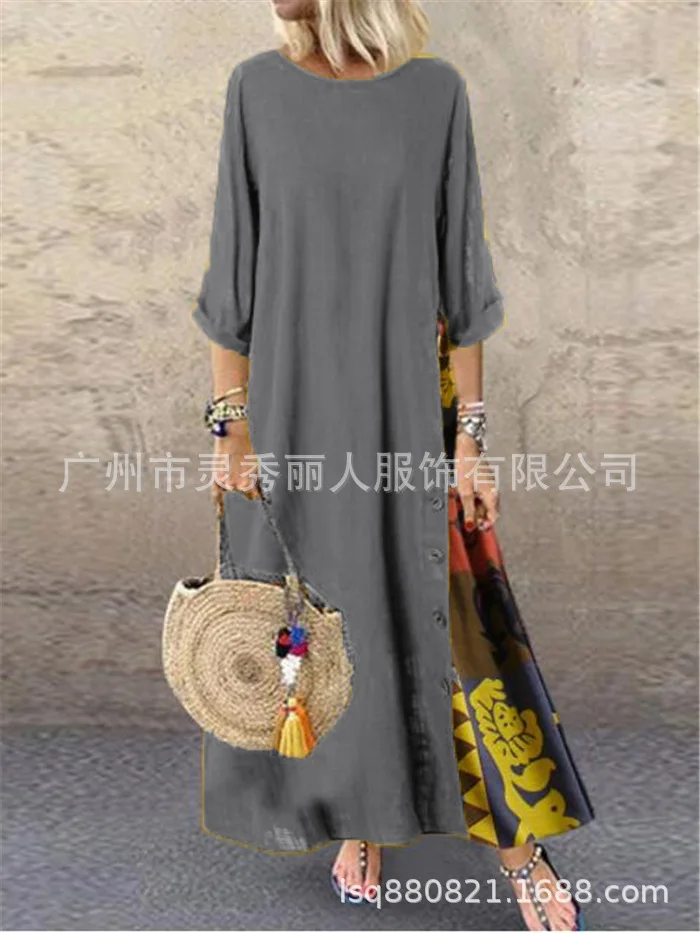 Cotton Linen Vintage Long Dresses Women Three Quarter Sleeves Splicing Print Loose A-line Dress Fashion Casual Lady Maxi Vestido 22 undefined