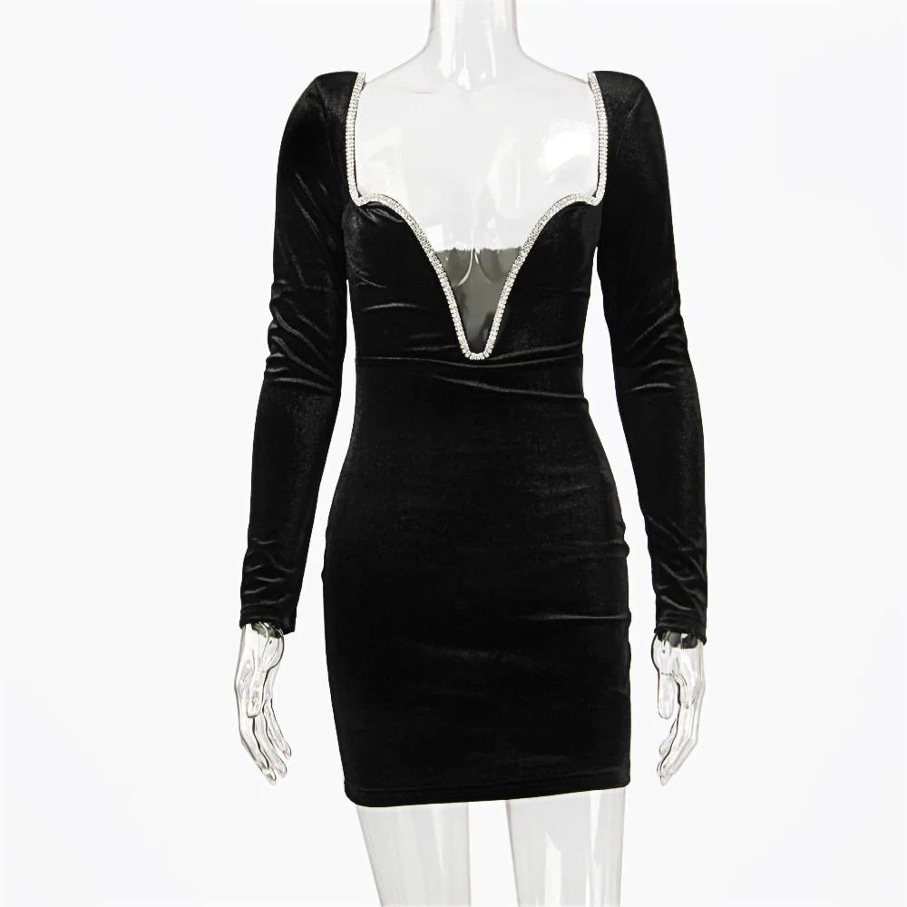 Ootddress Sexy Deep V Wrapped Hip Velvet Backless Women's Dress Long Sleeve High Waist Temperament Mini Dress Party Club Clothing
