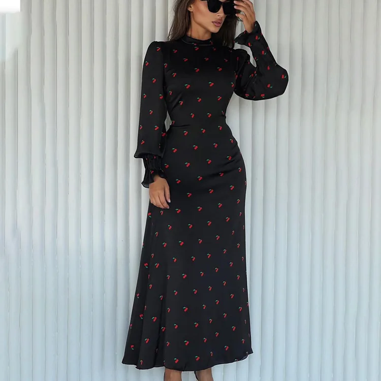 Ootddress Printed Bandage Fashion Long Dress Ladies Elegant Satin High Street Party Dress Casual Long Sleeve Patchwork Maxi Dress