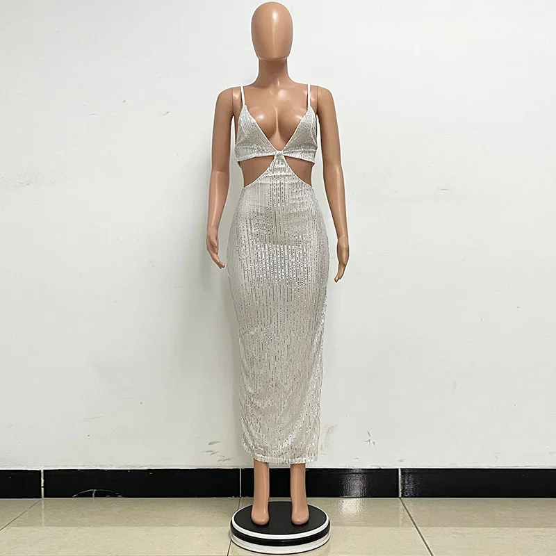 Sexy Hollow High Waist Slit Evening Dress Fashion Sequined Backless Sleeveless Elegant Party Dresses Solid Long Graduation Dress 129 undefined