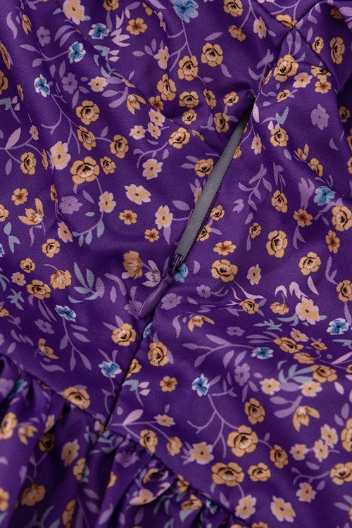 Purple Peter Pan Collar Short Sleeve Tie Waist Tiered Maxi Floral Print Dress