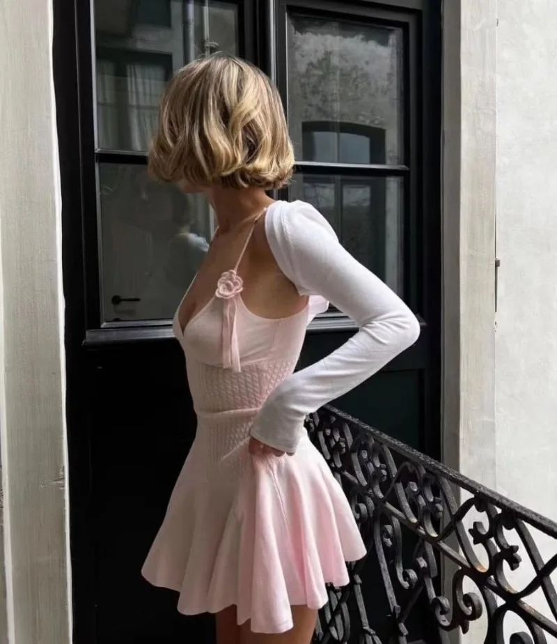 Ootddress Ruffle Knitted Dress For Women Sleeveless V Neck Slim Splice Flower Sundress Ladies Casual Fashion Y2k Solid Dress Woman