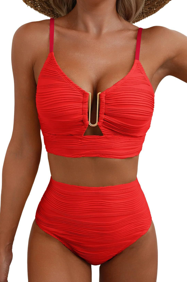 Solid Color V-neck Hollowed-out Pleated High Waist Stretch Two-Piece Bikini Swimsuit