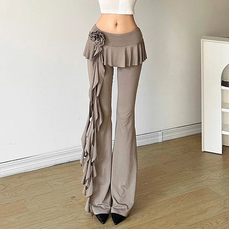 Ootddress Fashion Flower Ribbons Straight Pants For Women Solid Color Casual High Strecth Folds Patchwork Female Summer Trousers