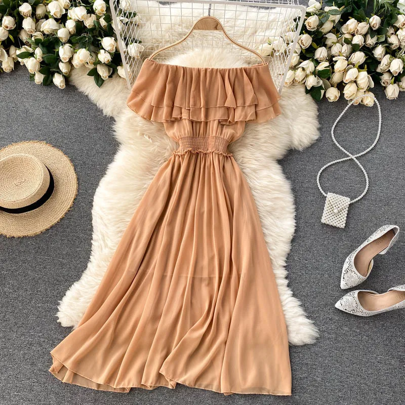 Women Chiffon Beach Dress Sexy Double Layer Ruffled Off The Shoulder Boho Dresses Ladies Sweet Slash Neck Long Dress 20 Women Chiffon Beach Dress Sexy Double Layer Ruffled Off The Shoulder Boho Dresses Ladies Sweet Slash Neck Long Dress
