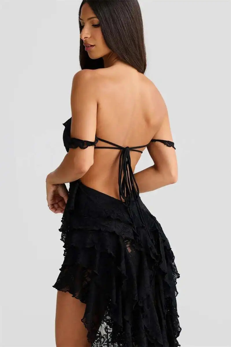 Floral Lace Off-Shoulder Tie-Front Tiered High-Low Ruffle Midi Dress