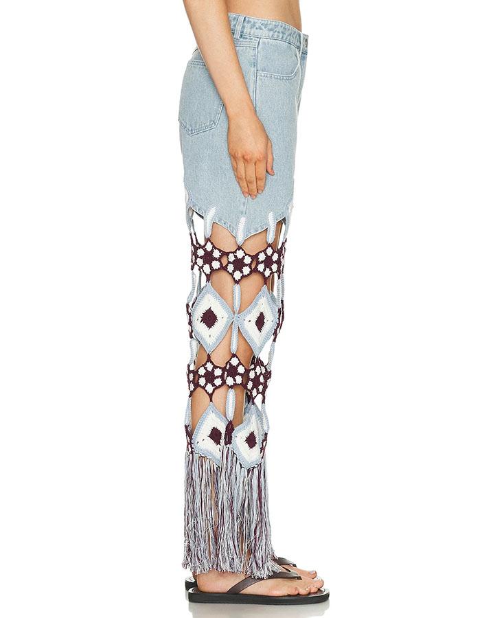 Belma Denim Handmade Embroidered Floral Crochet Detail Tassel Hem Pocket Jeans