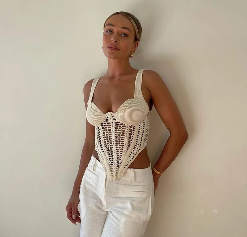 Ootddress Fishbone Waist Crocheted Knitted Crop Tops Women Vest Tee 2025 Summer Sexy Sleeveless Hollow Out Y2K Tops Corset Top