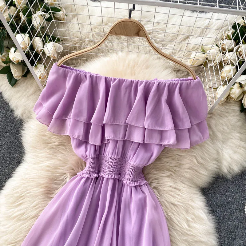 Women Chiffon Beach Dress Sexy Double Layer Ruffled Off The Shoulder Boho Dresses Ladies Sweet Slash Neck Long Dress 35 Women Chiffon Beach Dress Sexy Double Layer Ruffled Off The Shoulder Boho Dresses Ladies Sweet Slash Neck Long Dress